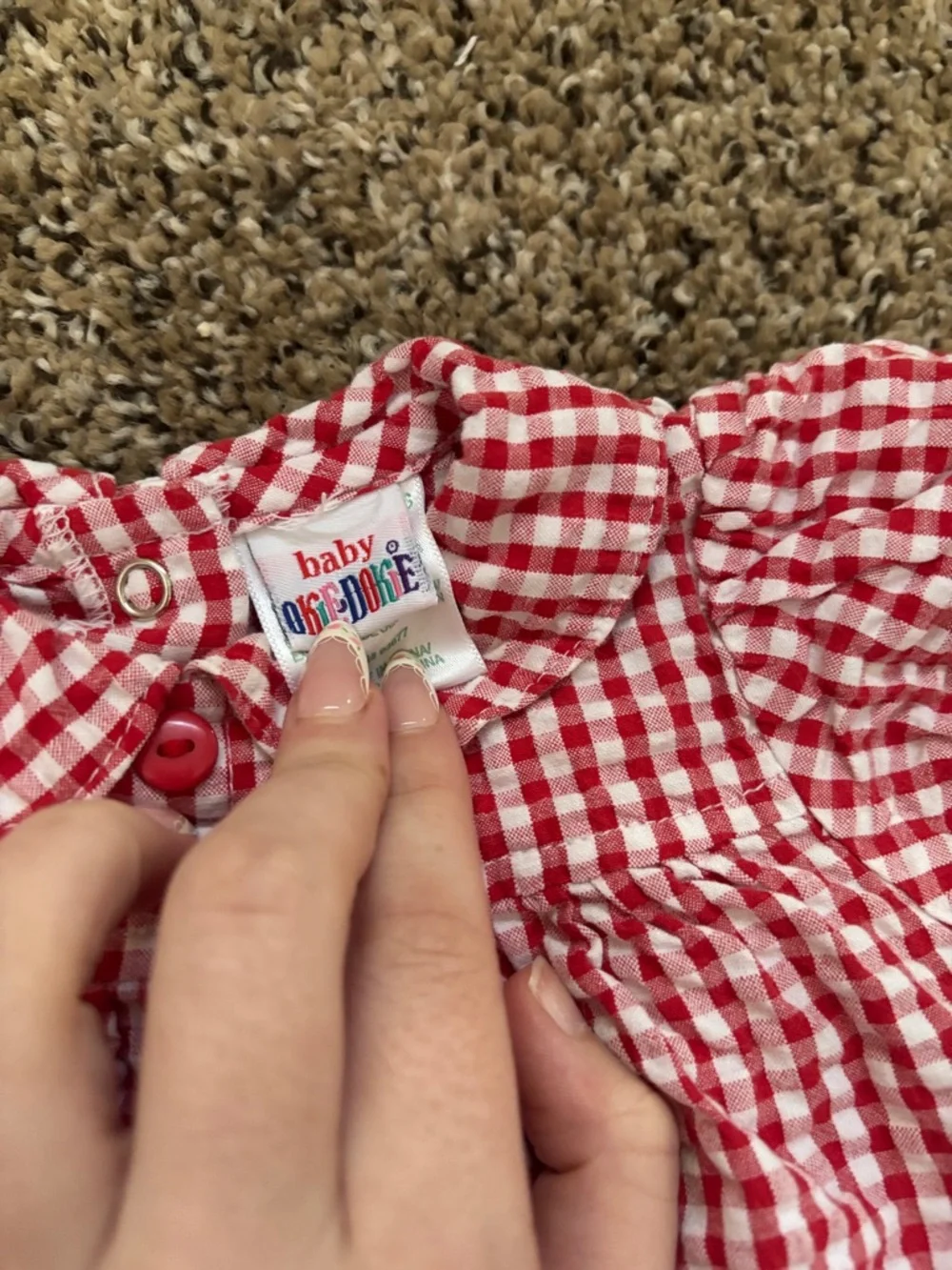 Vintage Baby Okie-dokie Gingham Baby Romper with Watermelon Embroidery - Picture 2 of 4